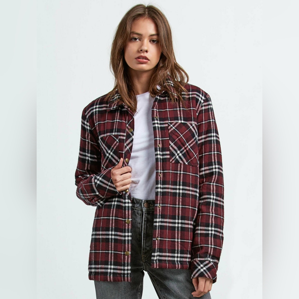 VOLCOM - Jacket with burgundy flannel ,relaxed fit and Sherpa lining f